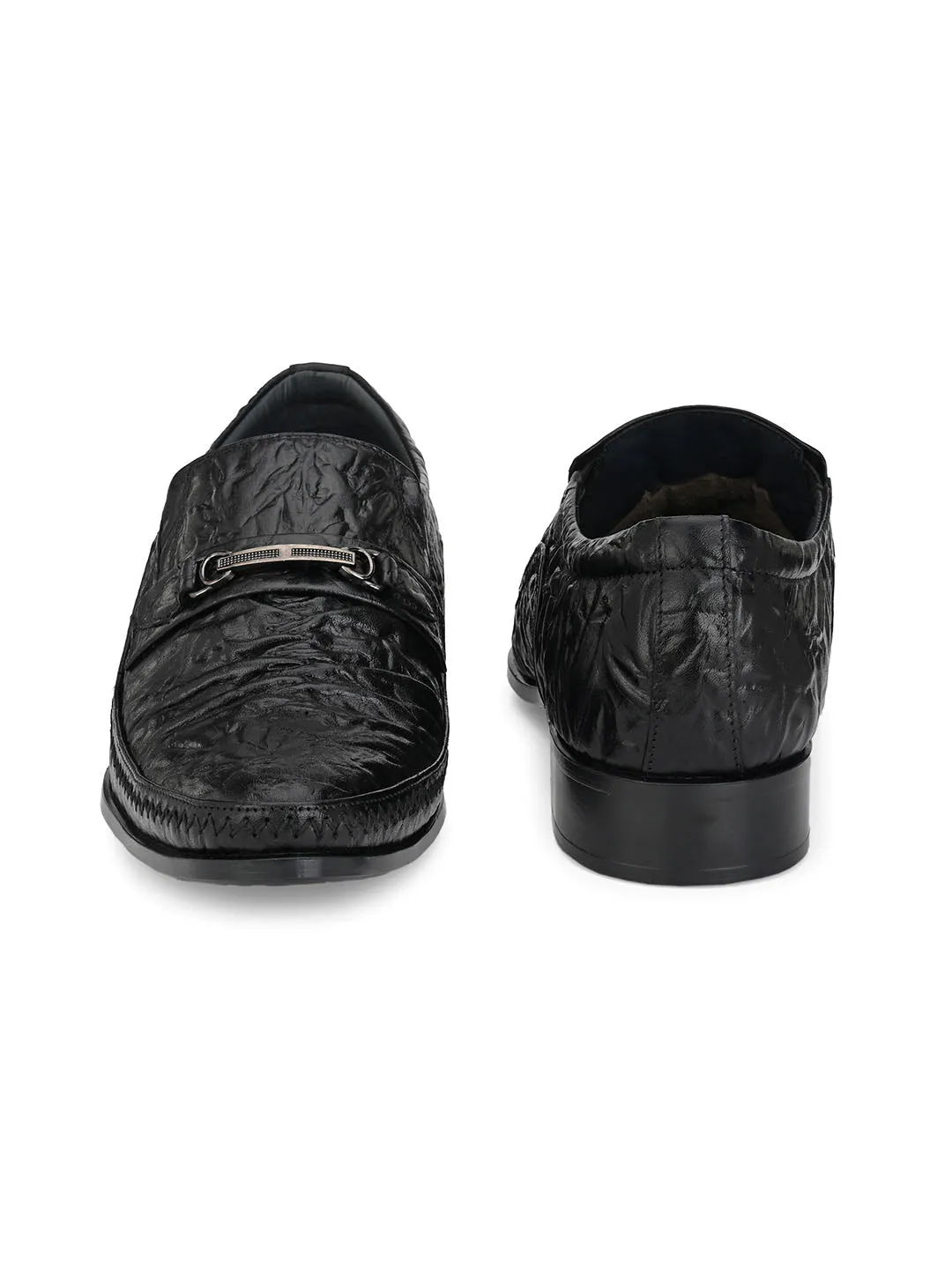 Hitz Men's Black Leather Slip On Semi-Formal Shoes
