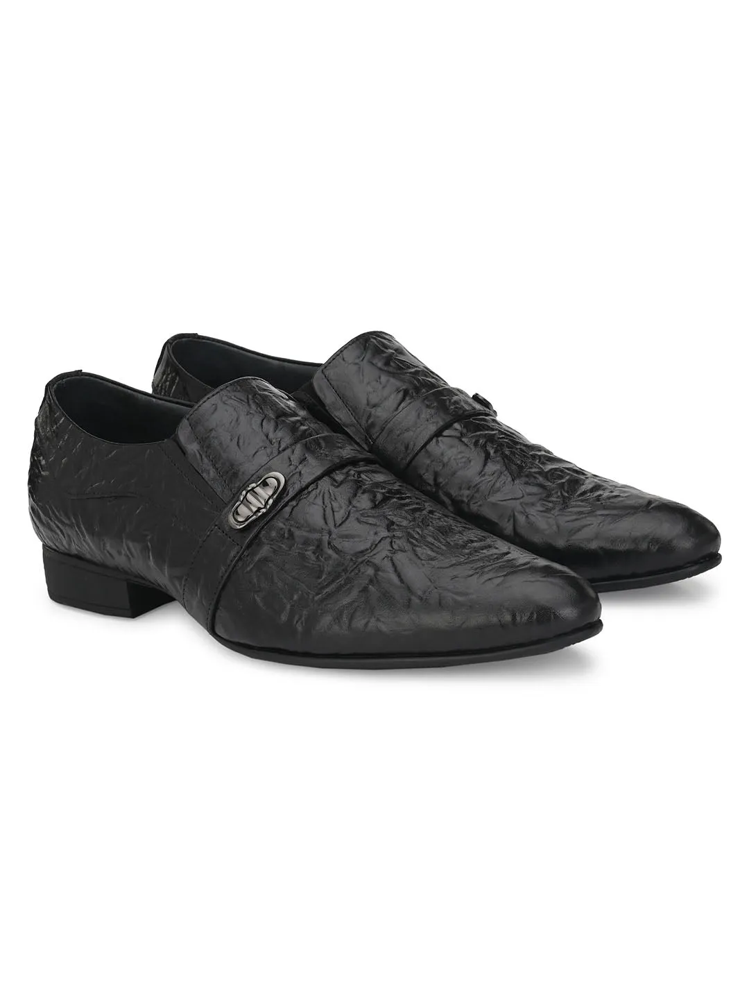 Hitz Men's Black Leather Slip-On Semi-Formal Shoes