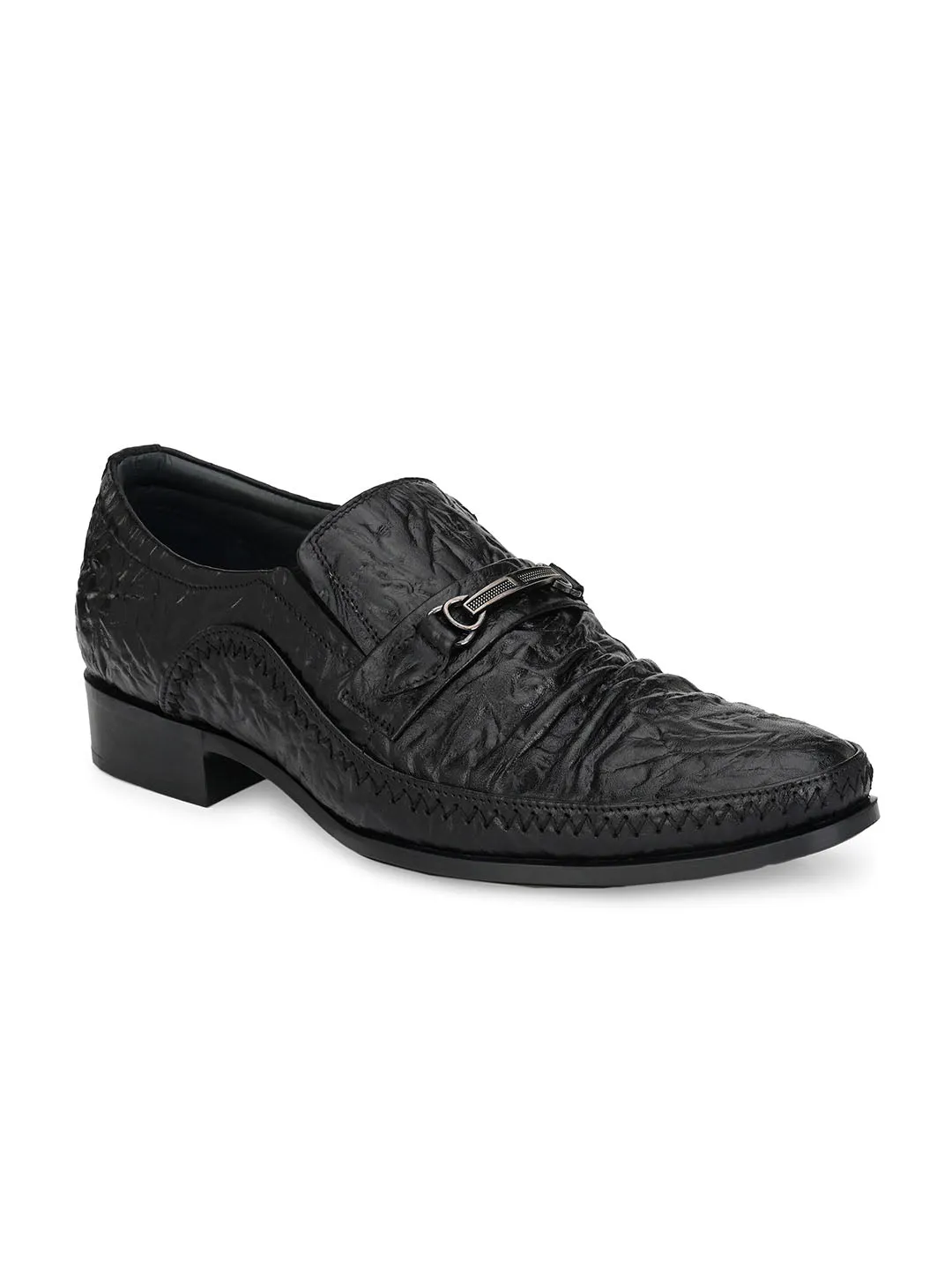Hitz Men's Black Leather Slip On Semi-Formal Shoes