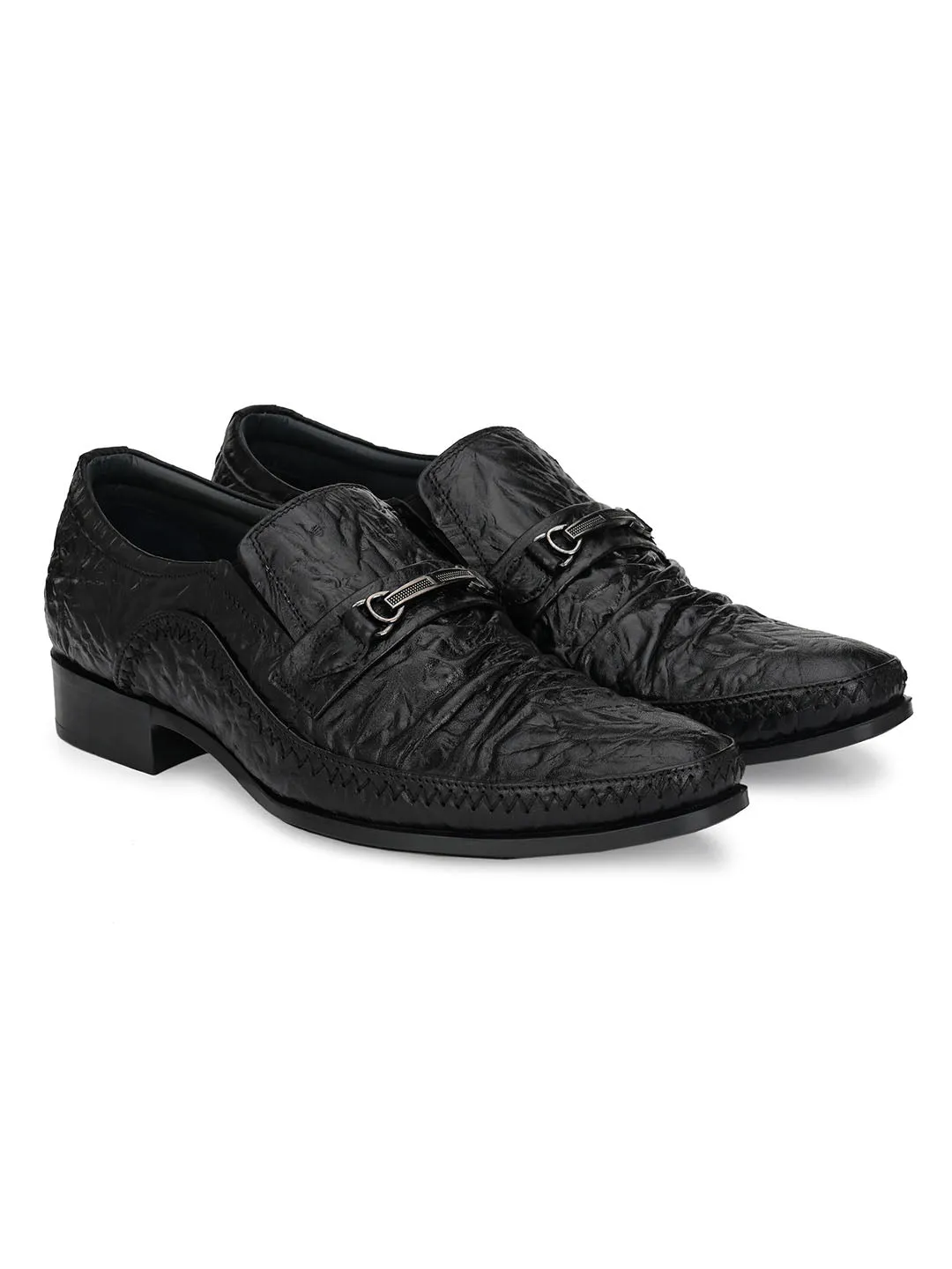 Hitz Men's Black Leather Slip On Semi-Formal Shoes