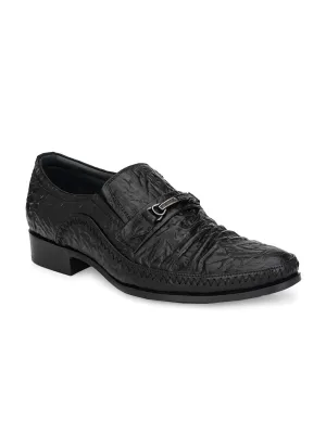 Hitz Men's Black Leather Slip On Semi-Formal Shoes