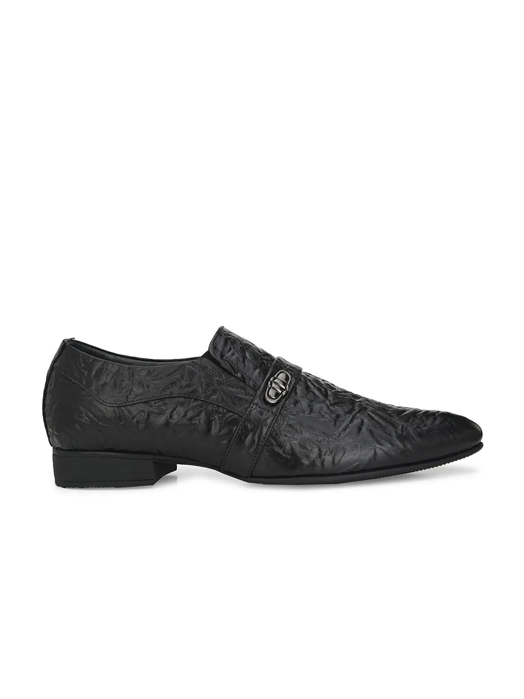 Hitz Men's Black Leather Slip-On Semi-Formal Shoes