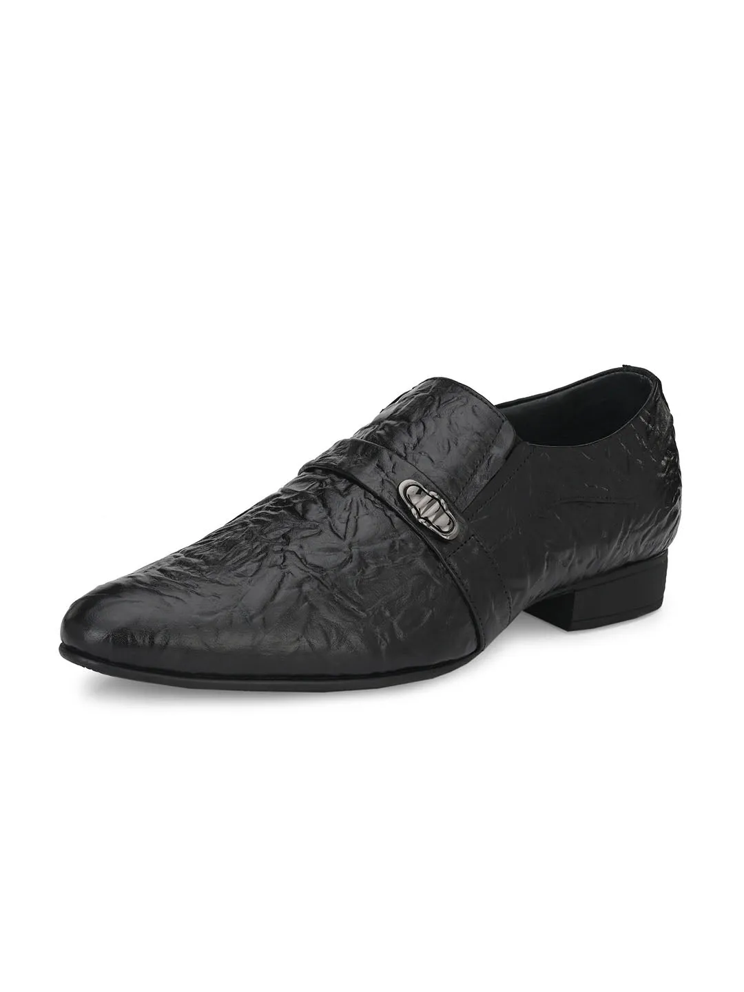 Hitz Men's Black Leather Slip-On Semi-Formal Shoes