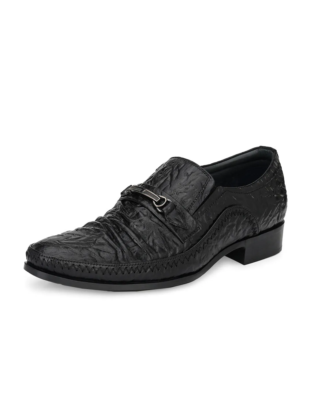 Hitz Men's Black Leather Slip On Semi-Formal Shoes