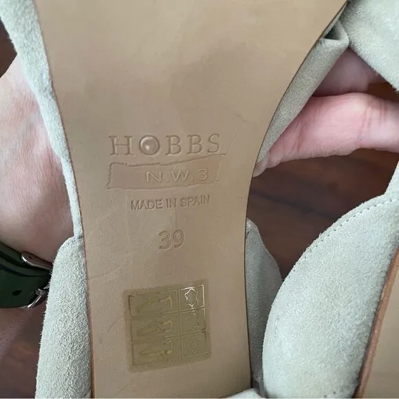 HOBBS N.W.3 Beige Suede &amp; Metallic Strappy Slingback Peep Toe Sandals sz 39/ 8