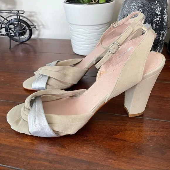 HOBBS N.W.3 Beige Suede &amp; Metallic Strappy Slingback Peep Toe Sandals sz 39/ 8
