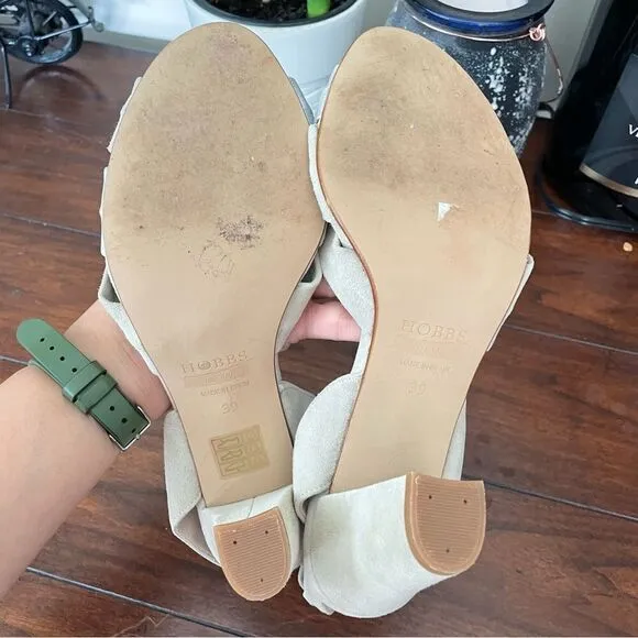 HOBBS N.W.3 Beige Suede &amp; Metallic Strappy Slingback Peep Toe Sandals sz 39/ 8