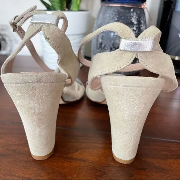 HOBBS N.W.3 Beige Suede &amp; Metallic Strappy Slingback Peep Toe Sandals sz 39/ 8