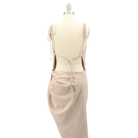 House of CB Soluna Sand Beige Thigh Split Strappy Sexy Maxi Dress L
