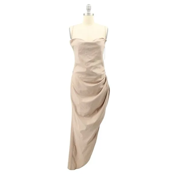 House of CB Soluna Sand Beige Thigh Split Strappy Sexy Maxi Dress L