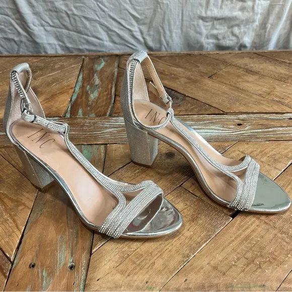 INC 8 Silver Rhinestone Gems Low Block Sandals Heel