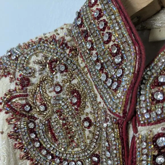 Indian Toddler Boys Wedding Jacket Pants Shoes Suit Shirwani Cream Red Beaded