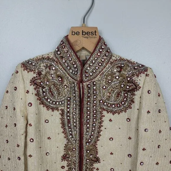 Indian Toddler Boys Wedding Jacket Pants Shoes Suit Shirwani Cream Red Beaded