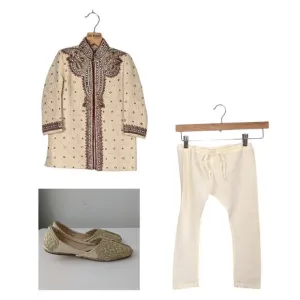 Indian Toddler Boys Wedding Jacket Pants Shoes Suit Shirwani Cream Red Beaded
