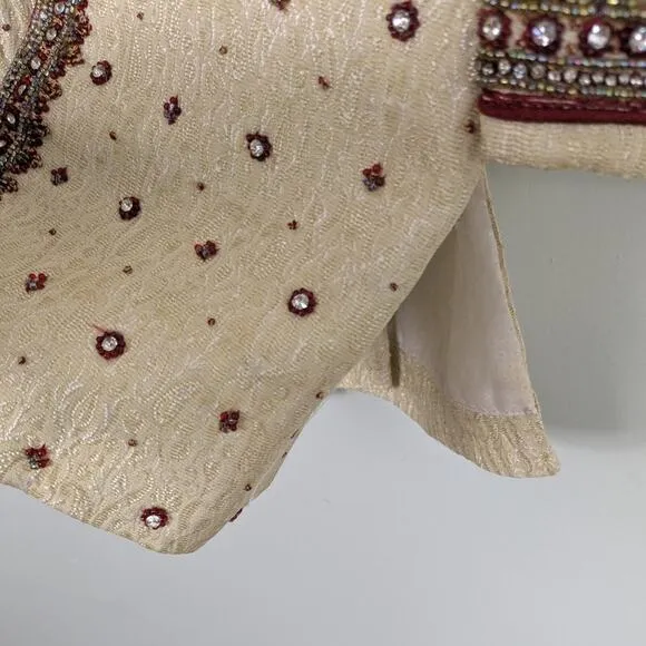 Indian Toddler Boys Wedding Jacket Pants Shoes Suit Shirwani Cream Red Beaded