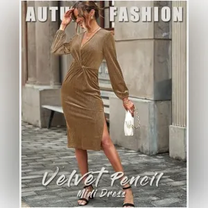 ININ Women's Velvet Dress Long Sleeve Velvet Wrap Dress Fall Winter Bodycon