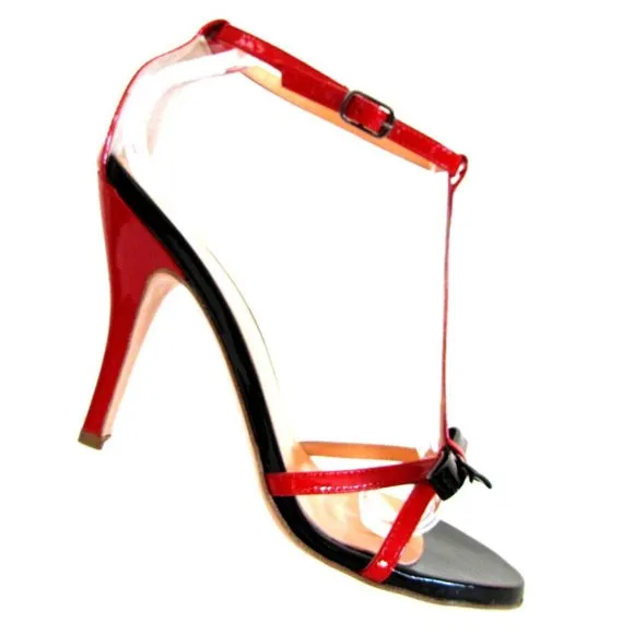 Innue' Black Red Patent Leather T Strap Bow Ankle Strap Designer Sandal's 8.M