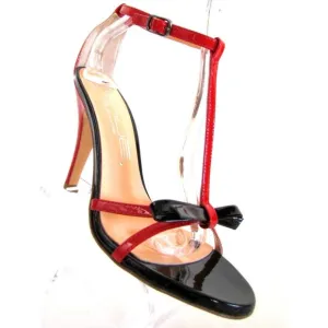 Innue' Black Red Patent Leather T Strap Bow Ankle Strap Designer Sandal's 8.M