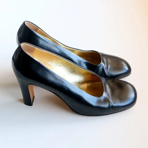 Isaac Mizrahi Black Leather Square Toe Slip-on Pumps / Heels / Shoes Size 8