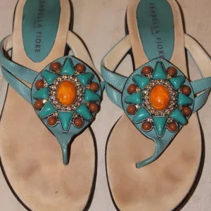 Isabella Fiore Turquoise Leather Embellished Shoes 5.5