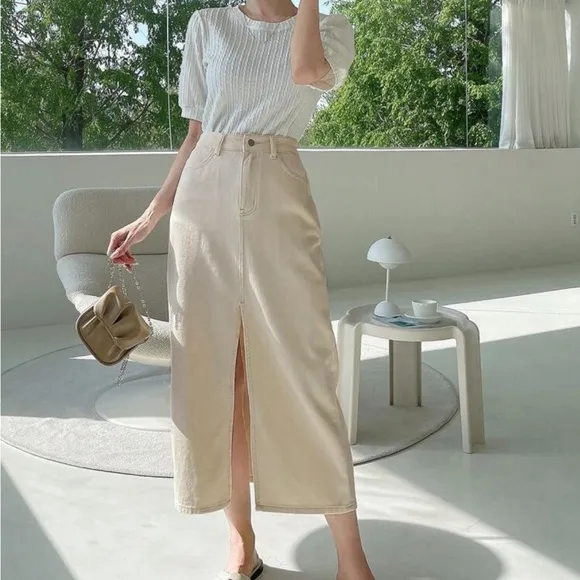 Ivory / off white / cream High Waist Split front jean Denim midi Skirt