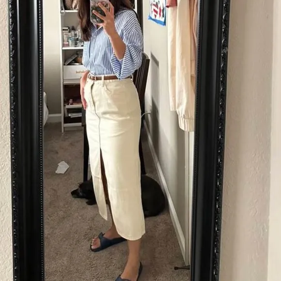 Ivory / off white / cream High Waist Split front jean Denim midi Skirt