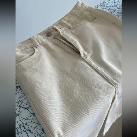 Ivory / off white / cream High Waist Split front jean Denim midi Skirt