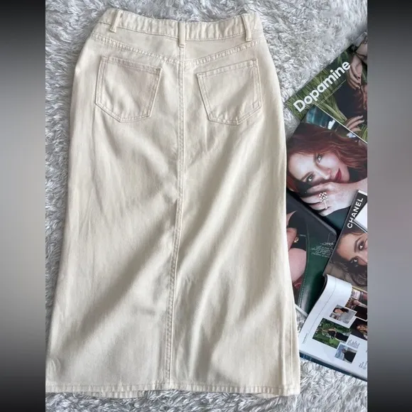 Ivory / off white / cream High Waist Split front jean Denim midi Skirt