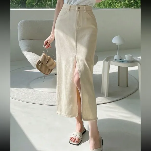 Ivory / off white / cream High Waist Split front jean Denim midi Skirt
