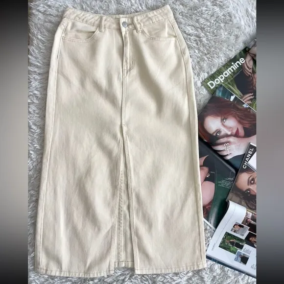 Ivory / off white / cream High Waist Split front jean Denim midi Skirt