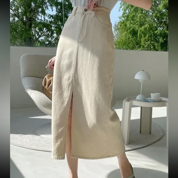 Ivory / off white / cream High Waist Split front jean Denim midi Skirt