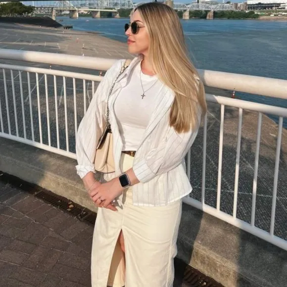 Ivory / off white / cream High Waist Split front jean Denim midi Skirt