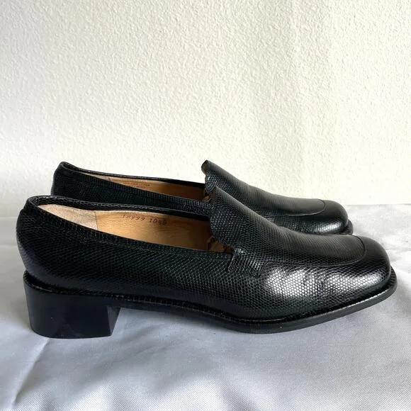 J Crew Black Leather Square Toe Heeled Loafer Shoesn Made in Italy Womens 10.5