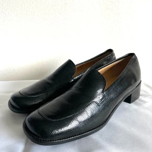 J Crew Black Leather Square Toe Heeled Loafer Shoesn Made in Italy Womens 10.5