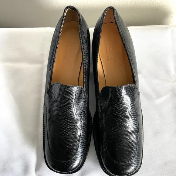 J Crew Black Leather Square Toe Heeled Loafer Shoesn Made in Italy Womens 10.5