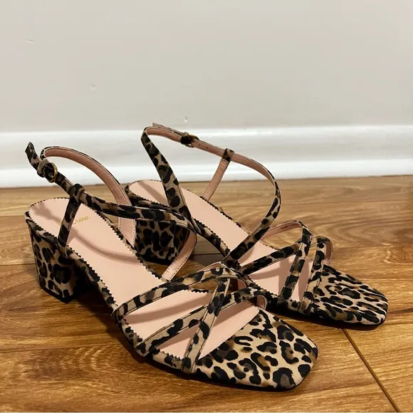 J. Crew Odette Strappy Block Heel Sandals in Leopard Suede Sz 8.5  and 9 Retro