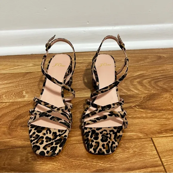 J. Crew Odette Strappy Block Heel Sandals in Leopard Suede Sz 8.5  and 9 Retro