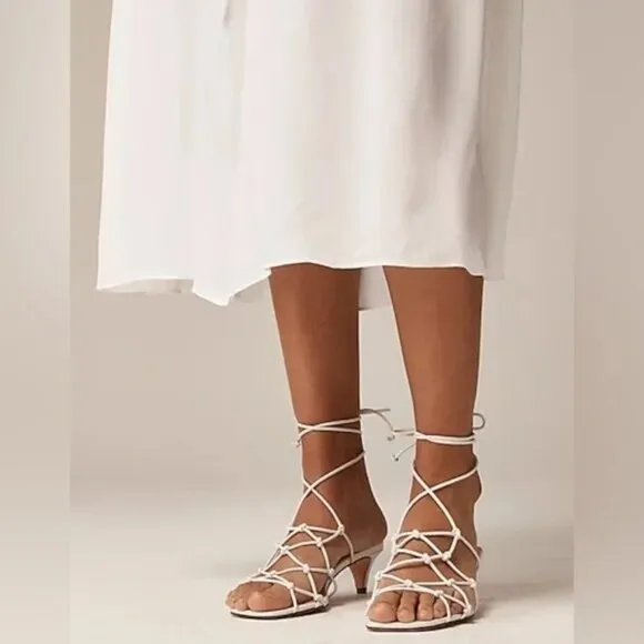 J.Crew Zadie Knotted Lace Up Kitten Heel Sz 9 White Leather Strappy Office Siren