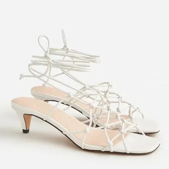 J.Crew Zadie Knotted Lace Up Kitten Heel Sz 9 White Leather Strappy Office Siren