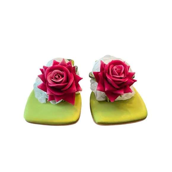 Jeffrey Campbell Primrose Sandals Crystal Embellished Green Silk Fuchsia Sz 10M