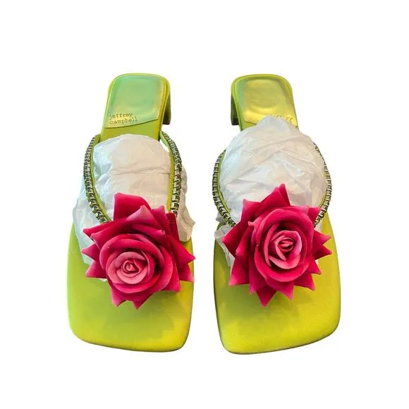 Jeffrey Campbell Primrose Sandals Crystal Embellished Green Silk Fuchsia Sz 10M