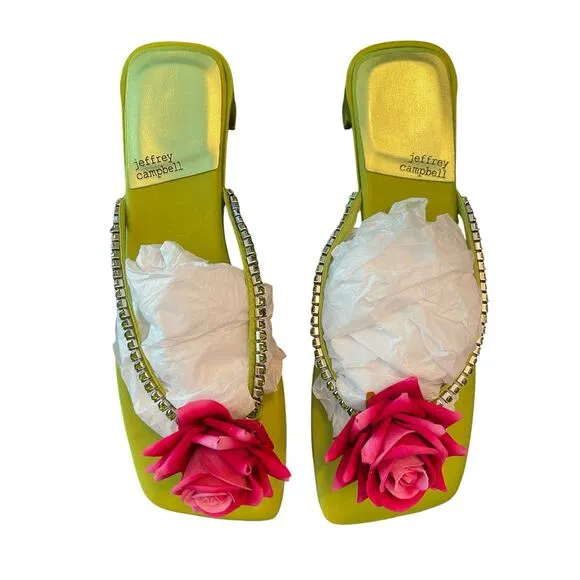 Jeffrey Campbell Primrose Sandals Crystal Embellished Green Silk Fuchsia Sz 10M