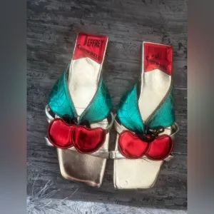 Jeffrey Campbell Cereza Metallic Gold Red Sandal 3d Cherry flats open toe shoes