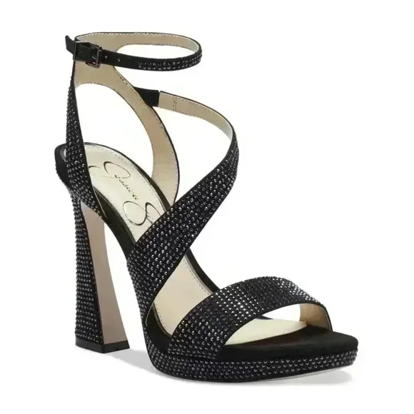 Jessica Simpson Friso Black Crystal Embellished  Sandals Heels various Sizes