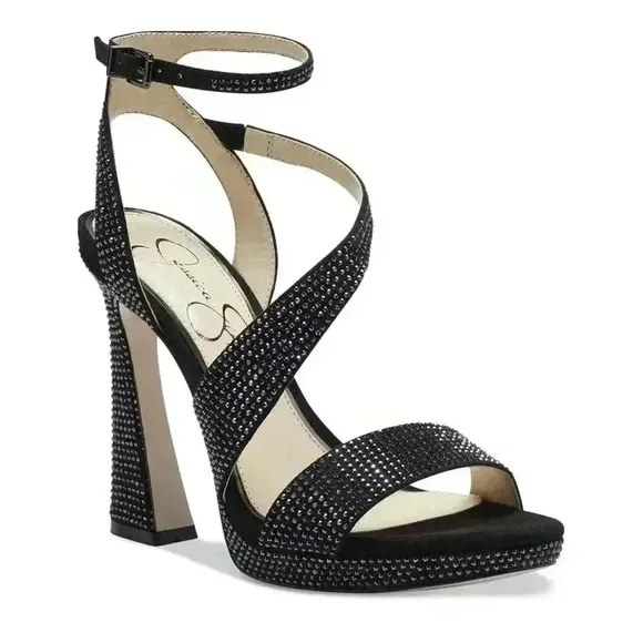 Jessica Simpson Friso Black Crystal Embellished  Sandals Heels various Sizes