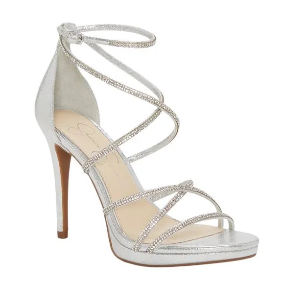Jessica Simpson Women's Jaeya Strappy Rhinestone Stiletto Sandals Silver Size 9