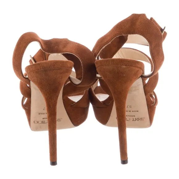 Jimmy Choo‎ brown suede heels criss cross leather strappy sandals platform