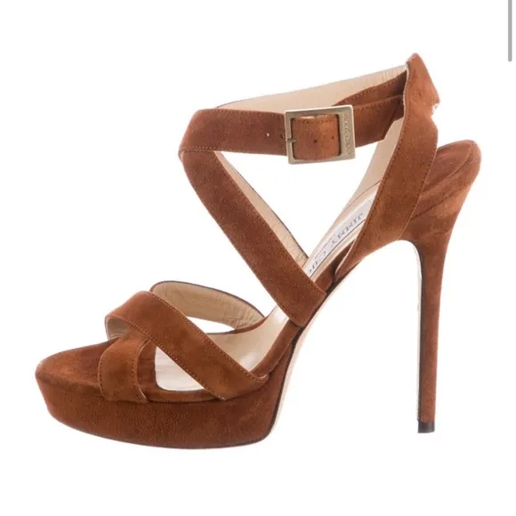 Jimmy Choo‎ brown suede heels criss cross leather strappy sandals platform