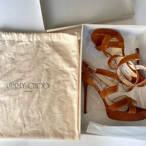 Jimmy Choo‎ brown suede heels criss cross leather strappy sandals platform