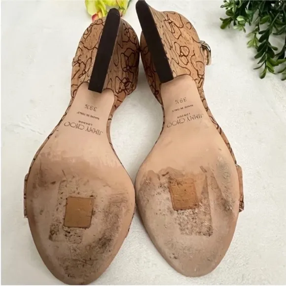 Jimmy Choo Edina Natural/Gold MetallicLasered Cork Sandals Size 39.5 / 9.5